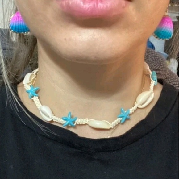 Gold statement earrings blue pink seashell boho mermaid beach tropical 💖 2/$30 - Picture 9 of 13